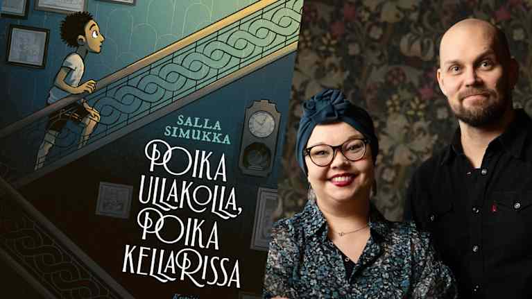Salla Simukka ja JP Ahonen sekä kirja Poika ullakolla, poika kellarissa kansi.