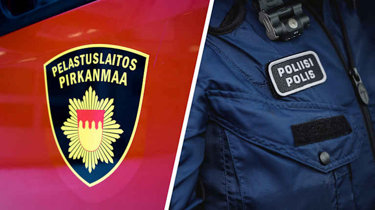 Kaksiosainen kuva, jossa toisessa Pirkanmaan pelastuslaitoksen logo paloauton kyljessä ja toisessa lähikuva poliisin rintamerkistä.