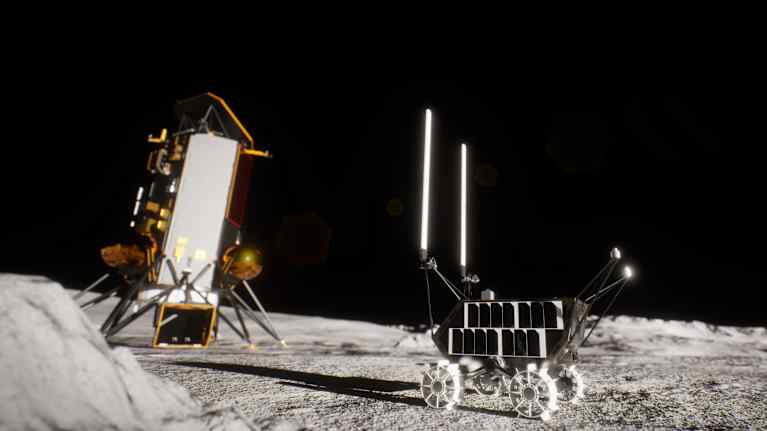 Taiteilijan näkemys Nokian Lunar Surface Communication System -järjestelmästä.