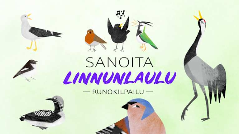 Sanoita linnunlaulua -logo ja lintuja.
