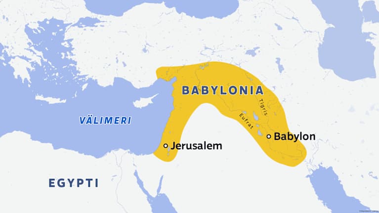Kartta Babylonian valtakunnasta  jolloin se kattoi asia nykyisestä Israelista, Irakista ja Syyriasta.