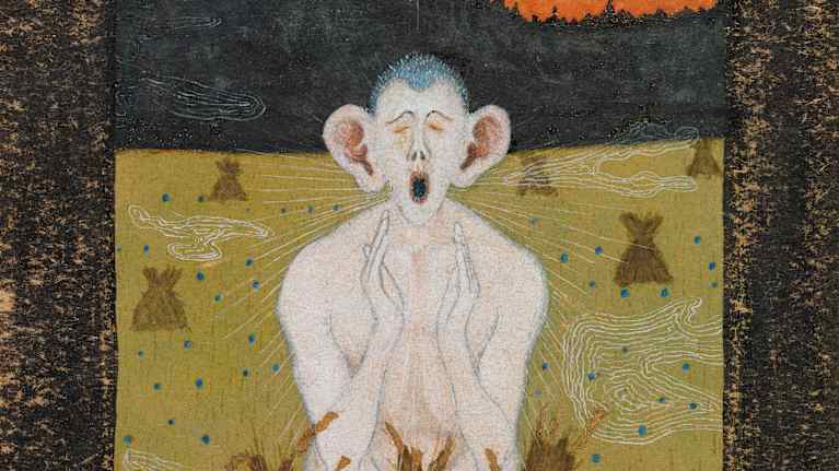 Hugo Simbergin teos "Maan Tunto" vuodelta 1895. Taulussa on surrealistinen hahmo, joka istuu maassa.