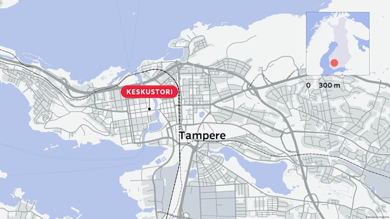 Karttakuva, jossa Tampereen Keskustori on merkitty sijaintipisteellä.