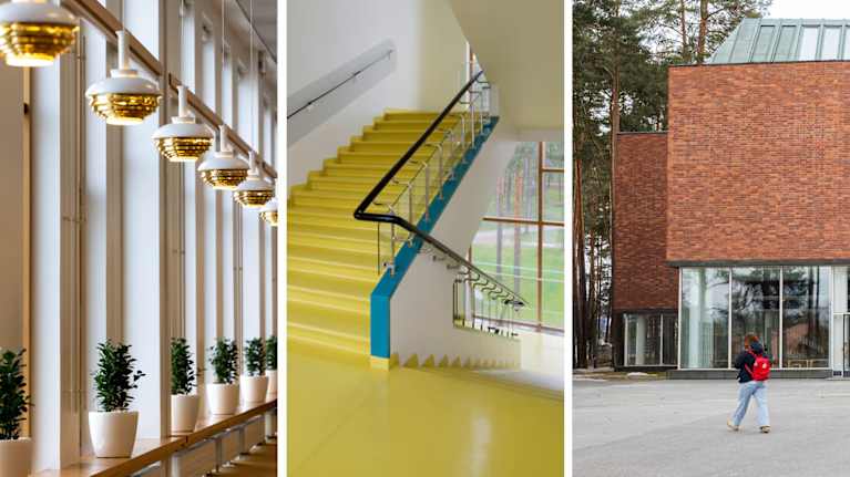 Kuvakombo, jossa arkkitehti Alvar Aallon suunnittelemia valaisimia Finlandia-talossa, Paimion parantolan portaat ja Jyväskylän yliopiston päärakennus.