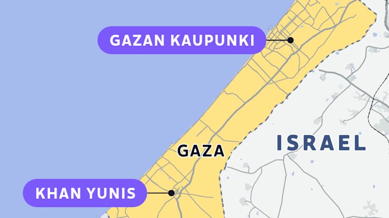 Kartta Gazan alueelta, jossa näkyvät Gazan kaupunki ja Khan Yunis.