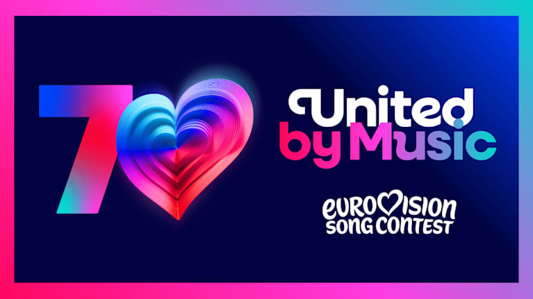 Eurovision laulukilpailun logo ja tunnuslause: United by Music.