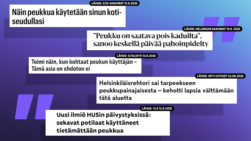 Kuvakollaasi erilaisten medioiden otsikoista koskien peukku-huumetta.