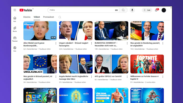 Kuvakaappauksia Reloaded-tilin videoista Youtubessa. Tilin sisältö muuttuu pelivideoista AfD:tä tukeviin disinformaatiovideoihin.