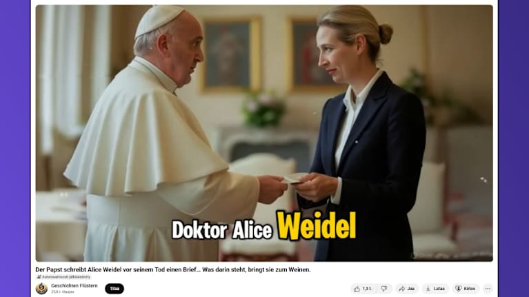 Kuvakaappaus disinformaatiovideolta, jolla väitetään AfD:n Alice Weidelin saaneen paavilta kirjeen.