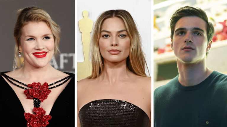 Kolmen kuvan yhdistelmä, jossa Emerald Fennell, Margot Robbie ja Jacob Elordi. 