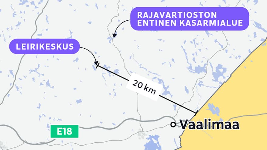 Rajavartioston entisen kasarmialueen sijainnit suhteessa Vaalimaan rajanylityspaikkaan. 