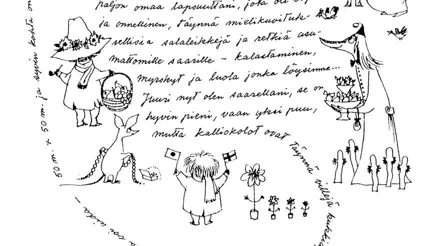 Käsin kirjoitettu kirje täynnä piirroksia.