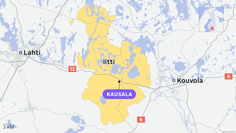 Kartta näyttää, missä Iitin Kausala sijaitsee.