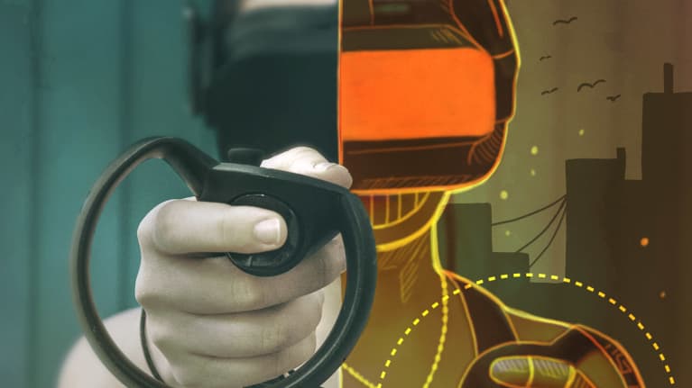 Kuvassa virtuaalipeliä peliä pelaava henkeli. Kuvan oikealle puolelle on piiretty virtuaalitodellisuus. Kuvamanipulaatio.