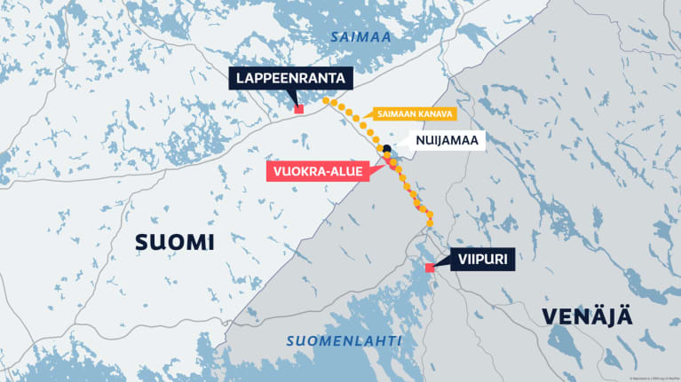 Karttakuva Saimaan kanavan reitistä Saimaalta Suomenlahdelle.