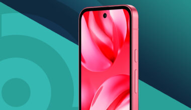 Google Pixel 9a in Peony pink on a turqoise TechRadar logo banner