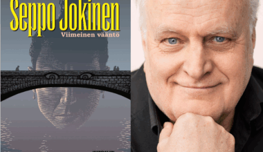 Kuva kirjailija Seppo Jokisesta ja sen vieressä hänen uusimman kirjansa, Viimeinen vääntä, kuva