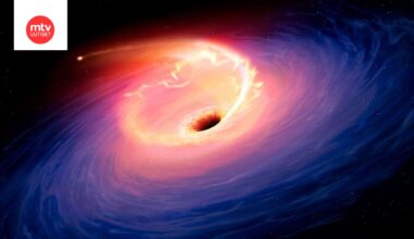 Sheffieldin yliopiston havainnekuva avaruudesssa tapahtuneesta räjähdyksestä. Keskellä musta ympyrä, jonka ympärillä vaaleanpunaista ja violettiä.