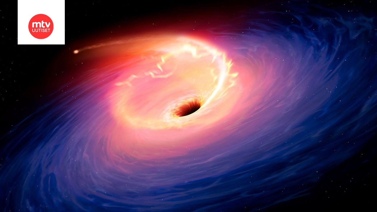 Sheffieldin yliopiston havainnekuva avaruudesssa tapahtuneesta räjähdyksestä. Keskellä musta ympyrä, jonka ympärillä vaaleanpunaista ja violettiä.