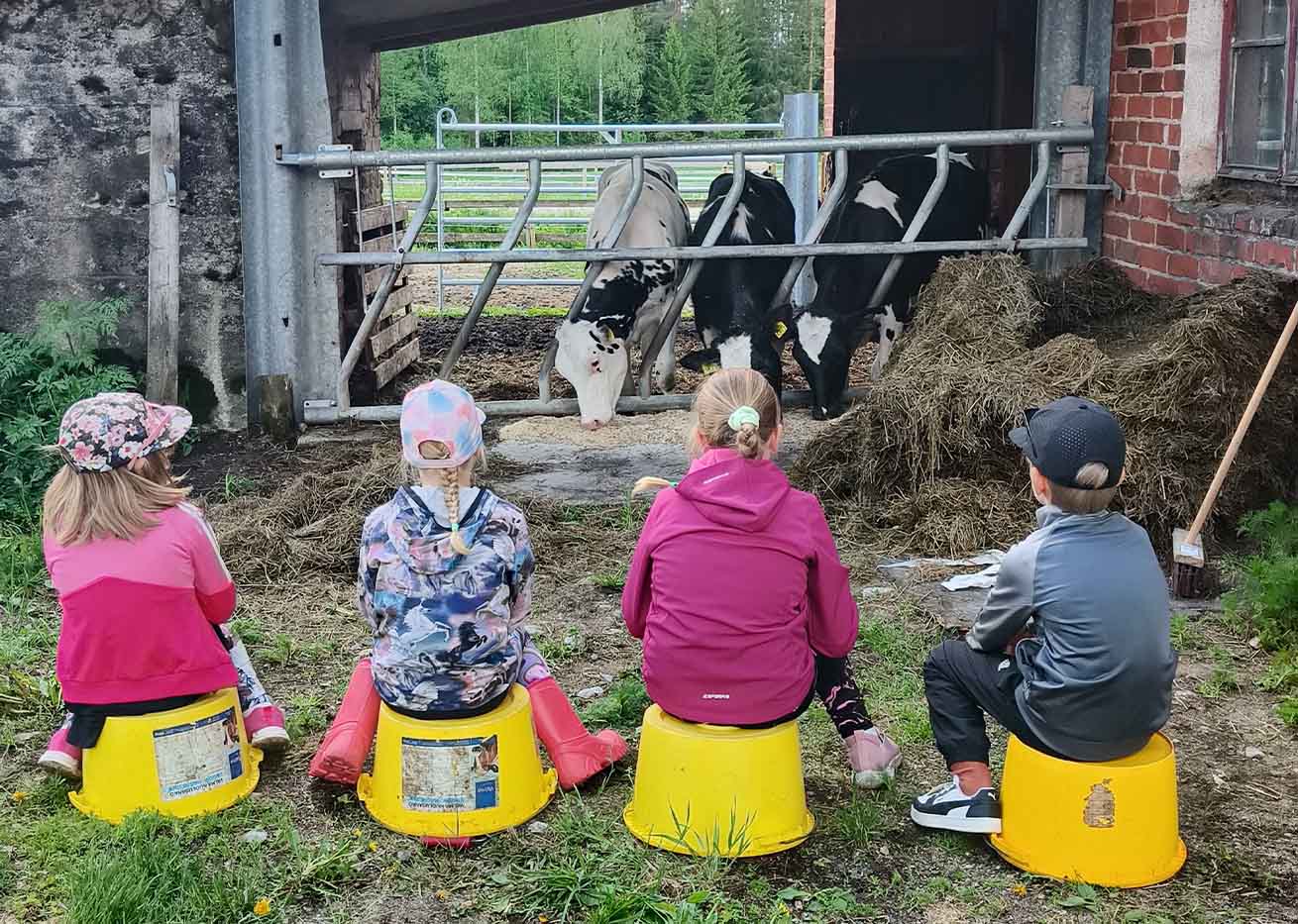 Lapset lukevat luontorunoja lehmille.