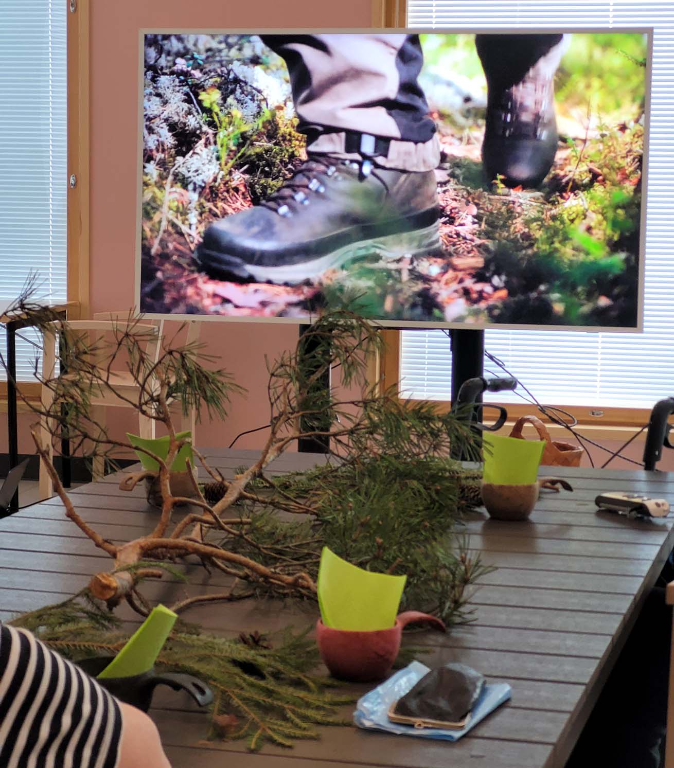 kuva on palvelutaloihin viedyistä luontotuokioista, joissa asukkaat ovat päässeet virtuaaliselle metsäretkelle eräoppaan kanssa ja heille on tuotu luonnon materiaaleja aistittavaksi.