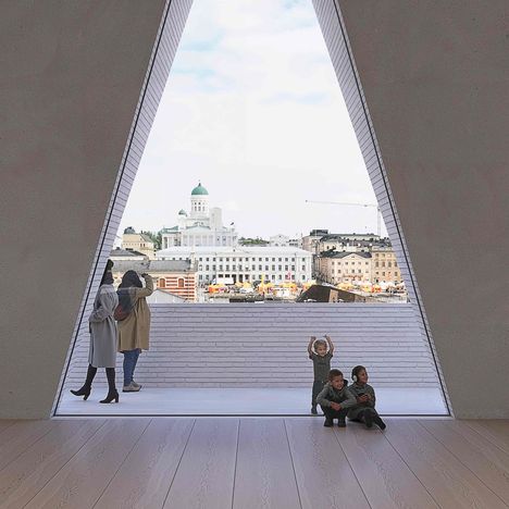 Havainnekuva museon sisältä, josta aukeaa näkymä Kauppatorille. KUVA: JKMM Arkkitehdit