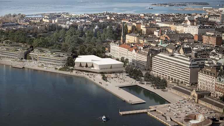 Havainnekuva uudesta museorakennuksesta Helsingin Etelärannassa.