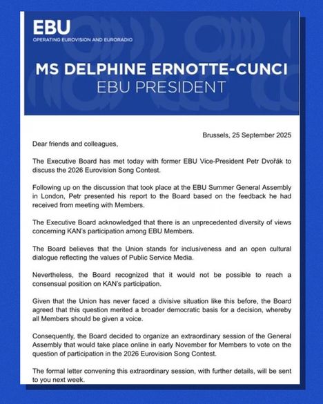 EBU:n kirje jäsenmaiden yleisradioyhtiöille.