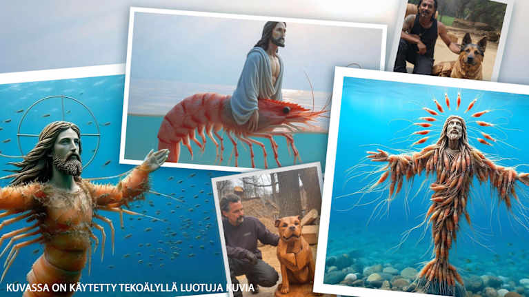 Kuvassa on käytetty viittä tekoälyllä luotua kuvaa, joissa on katkarapuhahmoisia Jeesuksia ja  mies puisen koirapatsaan vieressä.