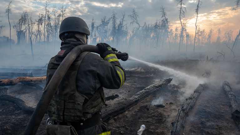 Palomies sammuttaa metsäpaloa tuhoutuneella metsäalueella. Taustalla näkyy hiiltyneitä puunrunkoja ja savua nousee ympäröivästä maasta.