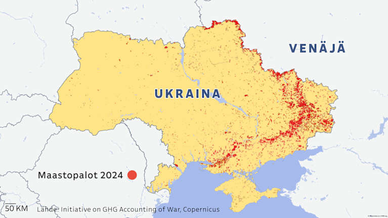 Maastopaloalueet Ukrainassa 2024 -kartta.
