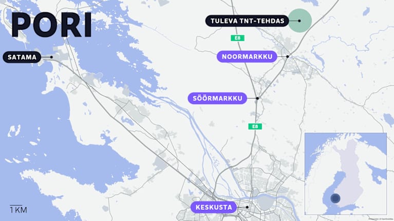 Kartta tulevan TNT-tehtaan sijoittumisesta Porin Noormarkkuun.