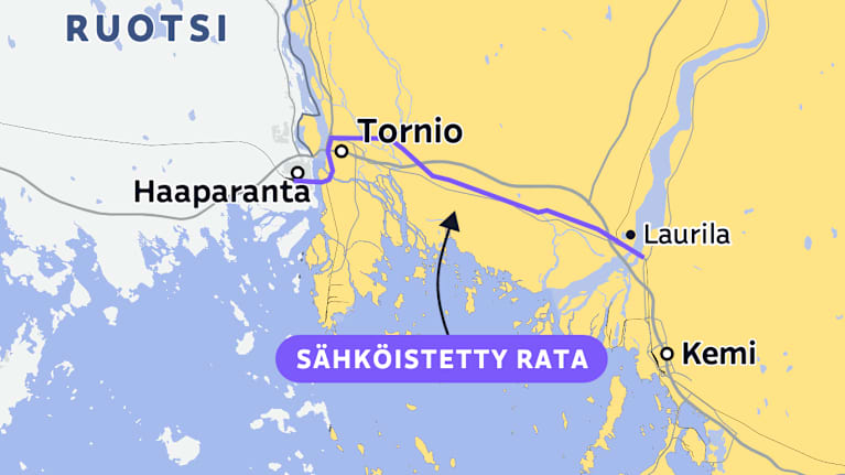 Violetti viiva näyttää sähköistetyn radan Kemin Laurilasta Ruotsin Haaparantaan. 