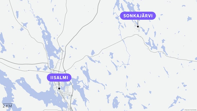 Sonkajärvi ja Iisalmi merkattuna karttaan.