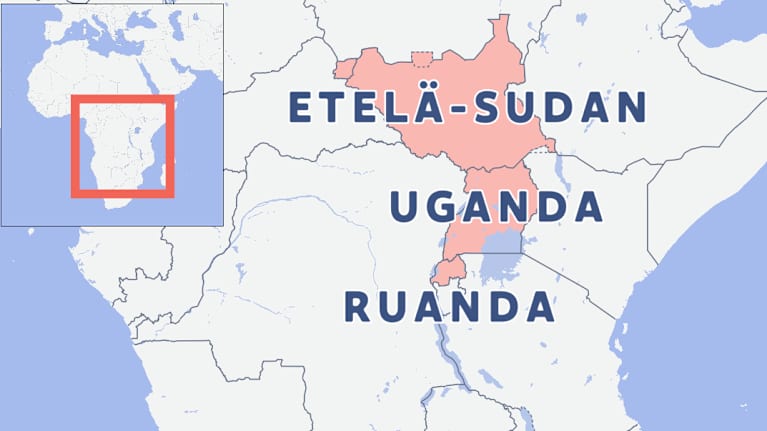Kartta Afrikan maista (Etelä-Sudan, Uganda, Ruanda ja Eswatini), jotka ottavat vastaan kolmansien maiden kansalaisia USA:sta.