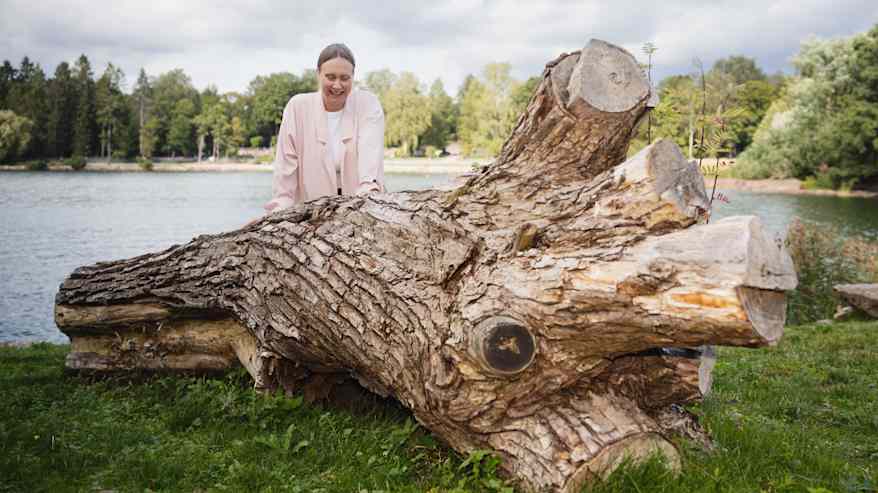 Henkilö seisoo nojaa suureen puunrunkoon edessä järven rannassa, häntä nautrattaa.
