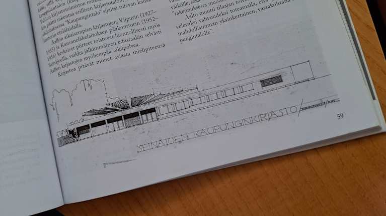 Seinäjoen kaupunginkirjaston alkuperäinen suunnitelmapiirrustus kuvattuna Markus Aaltosen kirjasta Vapaata viivaa.