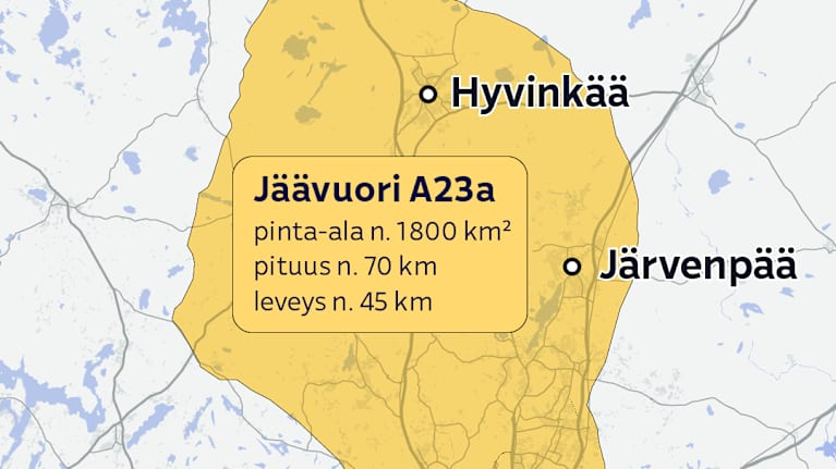 Kartta, jossa on keltaisella merkitty alue, jonka jäävuori A23A peittäisi Uudenmaan alueella.
