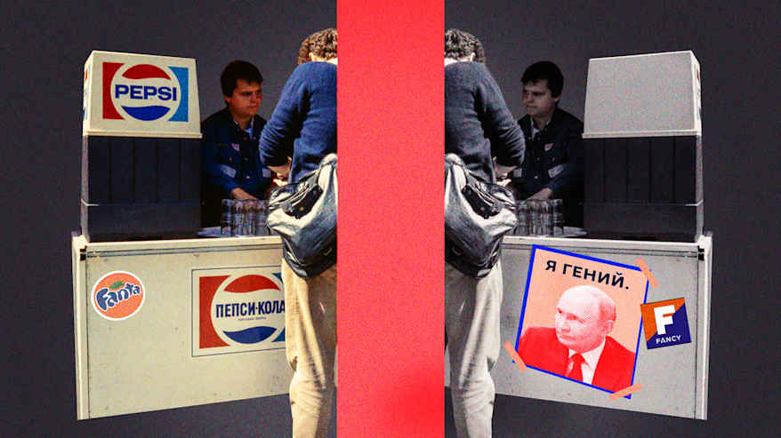 Kuvitus Putinin aiheuttamasta länsimaalaisten tuotteiden katoamisesta.