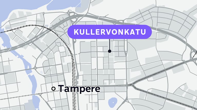 Kartta Tampereen keskustan alueesta: kuvassa näkyy merkintä Kullervonkadusta.