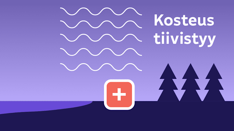 Infografiikka säteilysumun syntymisestä.  Kosteus tiivistyy ja muodostaa sumua kun lämmin ilma jäähtyy.