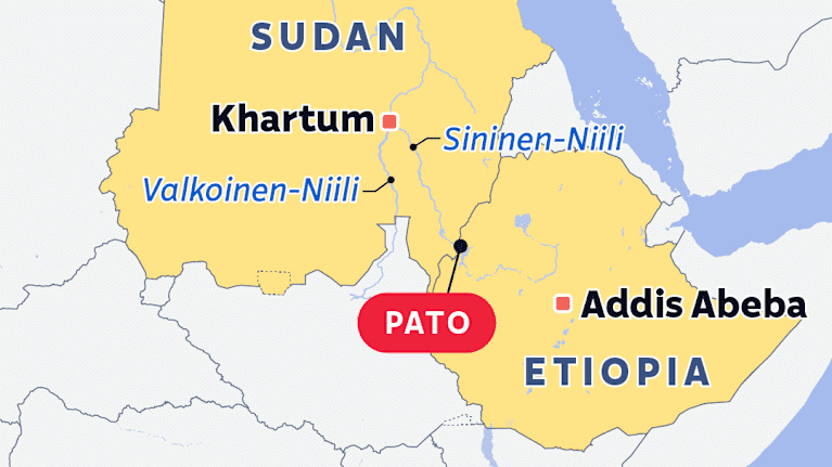 Kartalla Niilin vesistöä Etiopiasta Sudanin kautta Egyptiin ja suuren padon sijainti Etiopiassa.