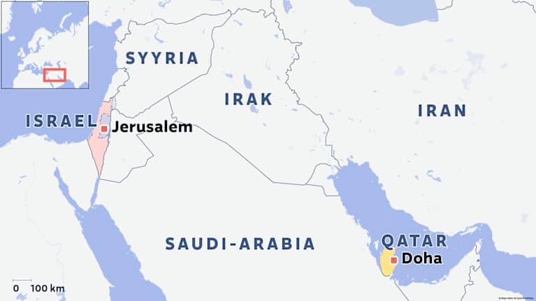 Kartta näyttää Dohan sijainnin Qatarissa, sekä Israelin sijainnin.