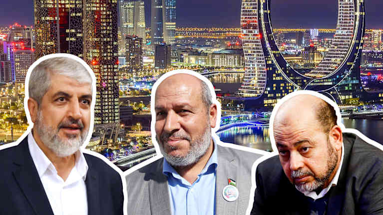 Kuvakollaasissa kolme Hamas-johtajaa ja ilmakuva rakennuksista Dohassa yövalaistuksessa.