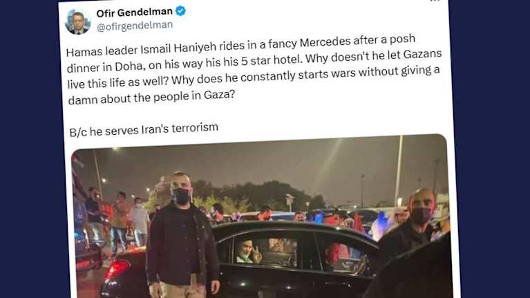 Kuvakaappaus X:sta jossa Hamas-johtaja Ismail Haniyeh matkustaa hienolla mersulla.