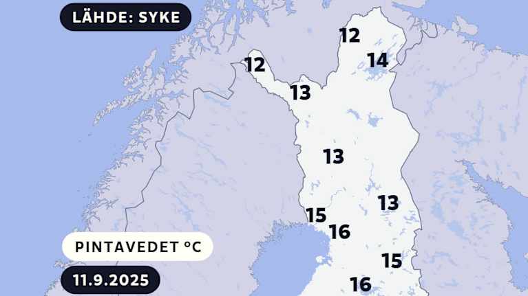 Syyskuun pintaveden keskilämpötilat Suomessa 11.9.2025. Lähde: SYKE.