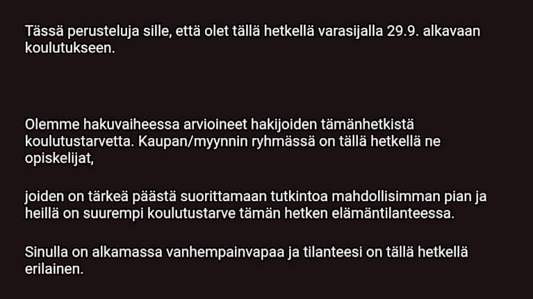 Kuvakaappaus viestistä, jonka Gradia lähetti Anni Hirvelle.