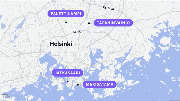 Kartta esittää neljän asuinalueen - Palettilammen, Tapaninvainion, Jätkäsaaren ja Merisataman - sijainnit Helsingissä