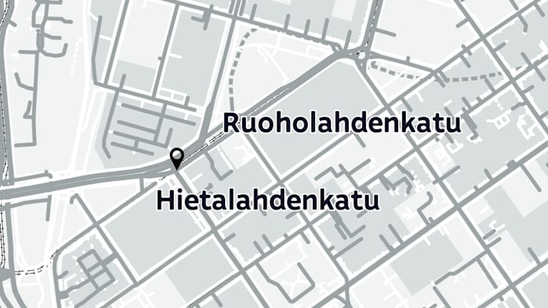 Helsingin kartta, jossa näkyy Ruoholahdenkatu ja Hietalahdenkatu, joiden risteyksessä tapahtui parveketurma. 
