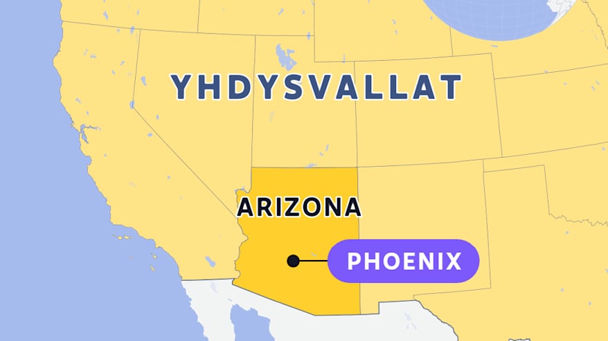 Kartalla Arizonan osavaltio Yhdysvalloissa ja sen pääkaupunki Phoenix. 